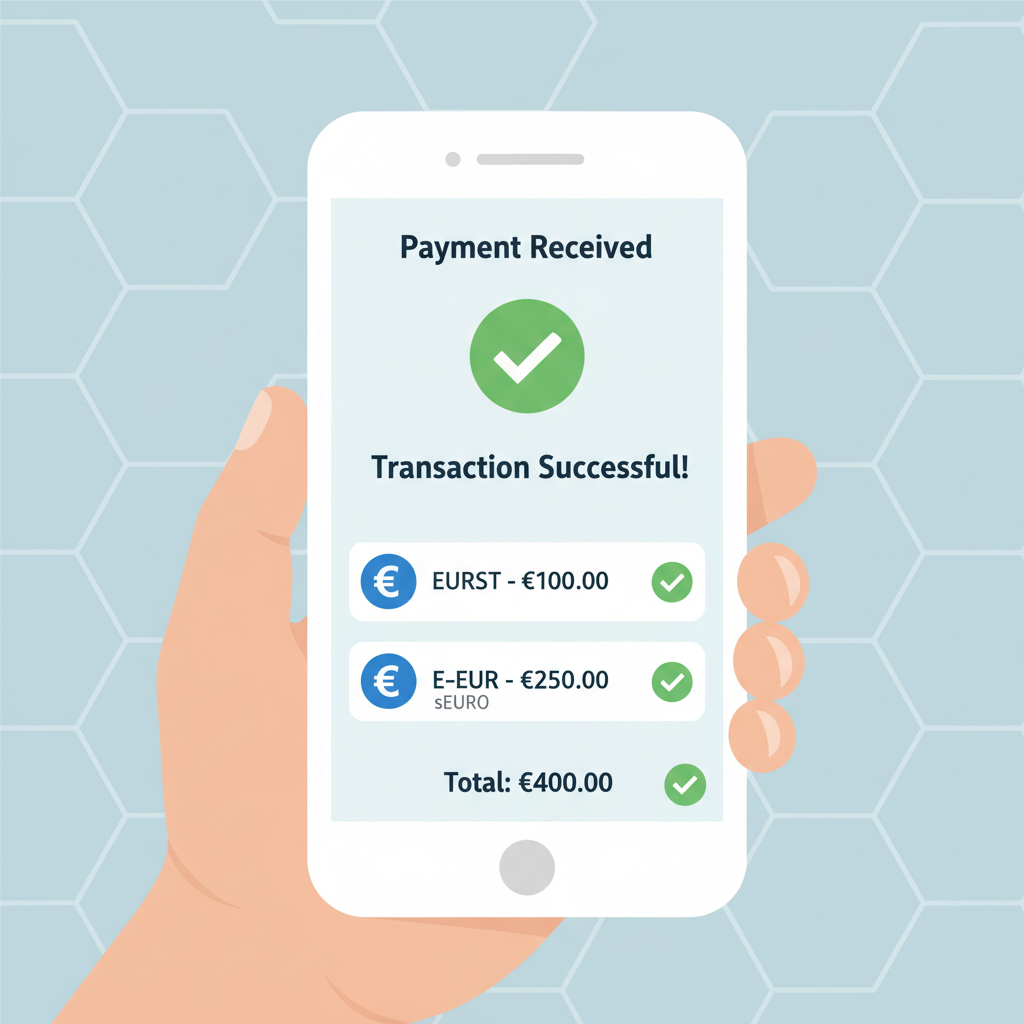 receiving crypto payment notification on phone, successful transaction, euro stablecoin icons, green checkmarks