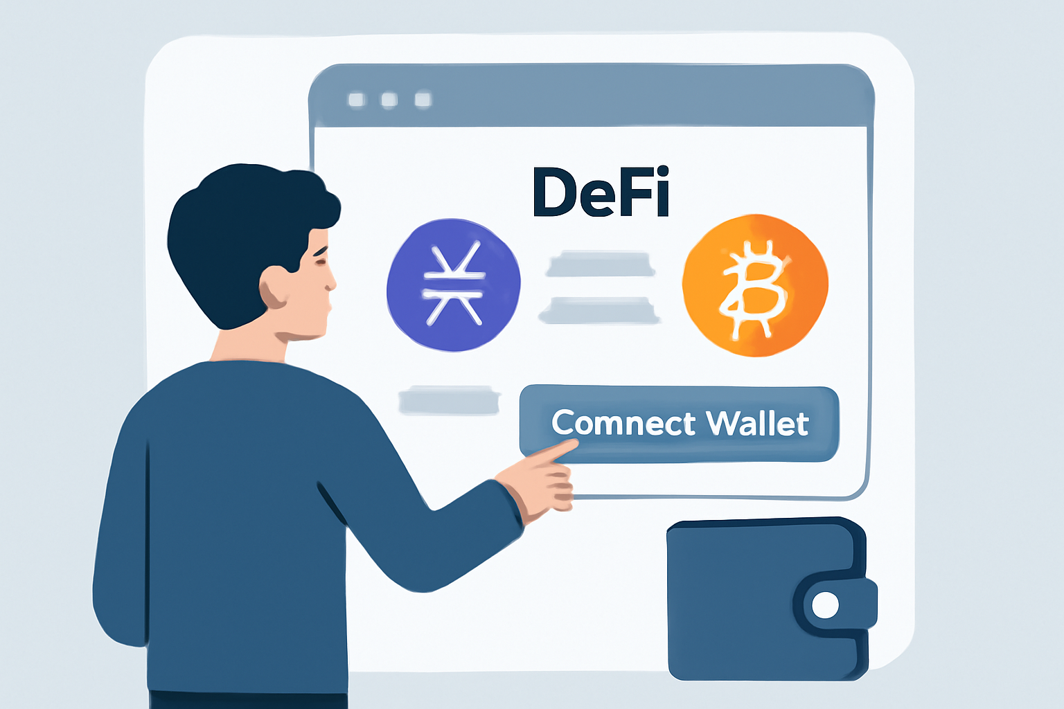 A user connecting their crypto wallet to a sleek DeFi web interface, with STX and Bitcoin logos visible, clean UI, digital style