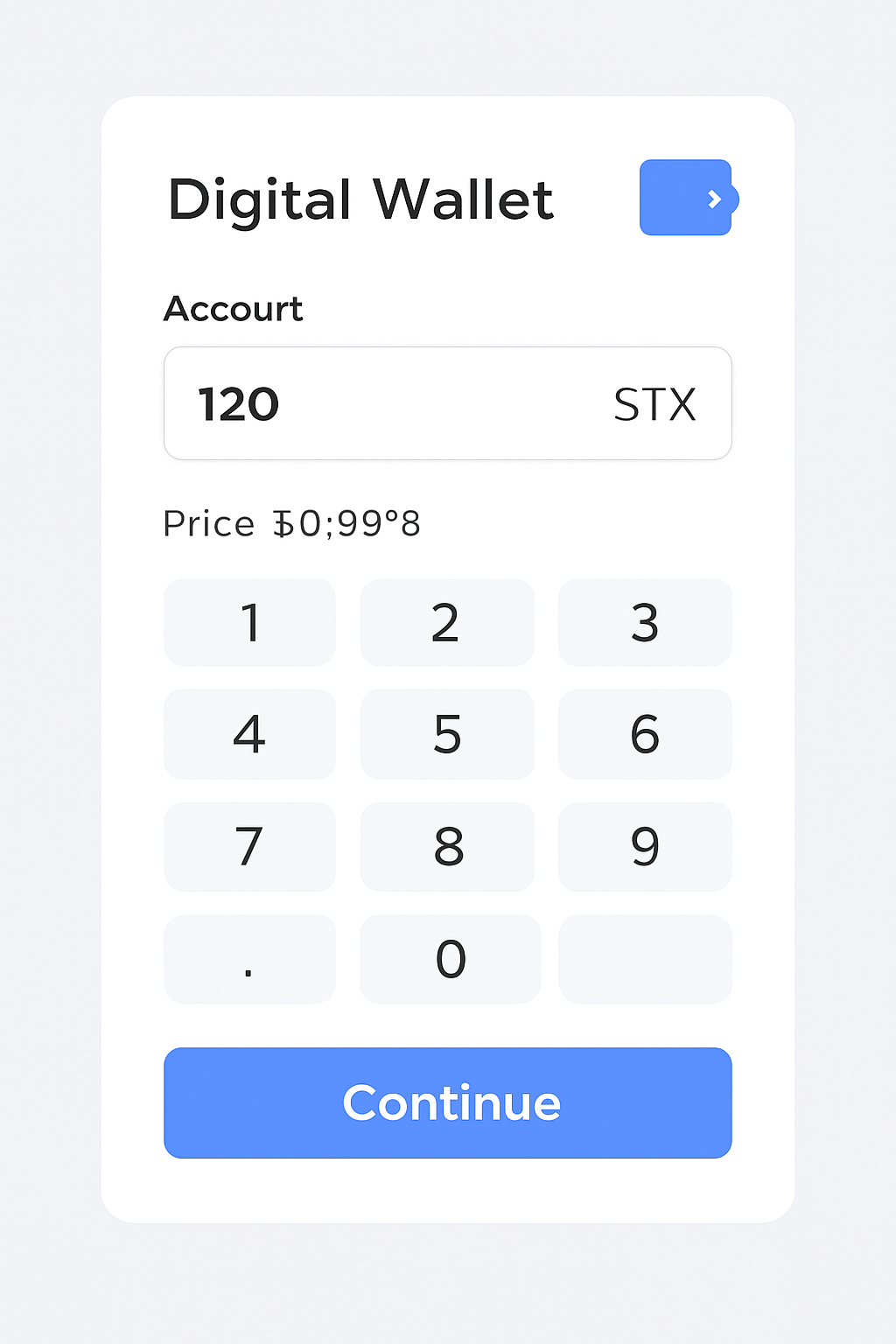 A digital wallet interface showing a user entering an amount of STX tokens, with the current price $0.6525 displayed, modern and clear