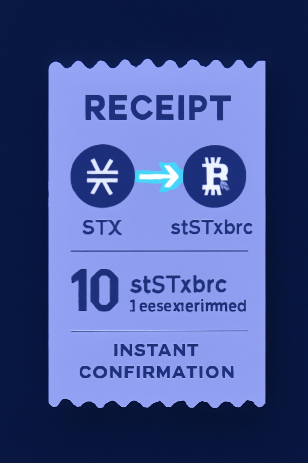 A digital receipt showing stSTXbtc tokens minted, with a glowing arrow from STX to stSTXbtc, instant confirmation, futuristic style