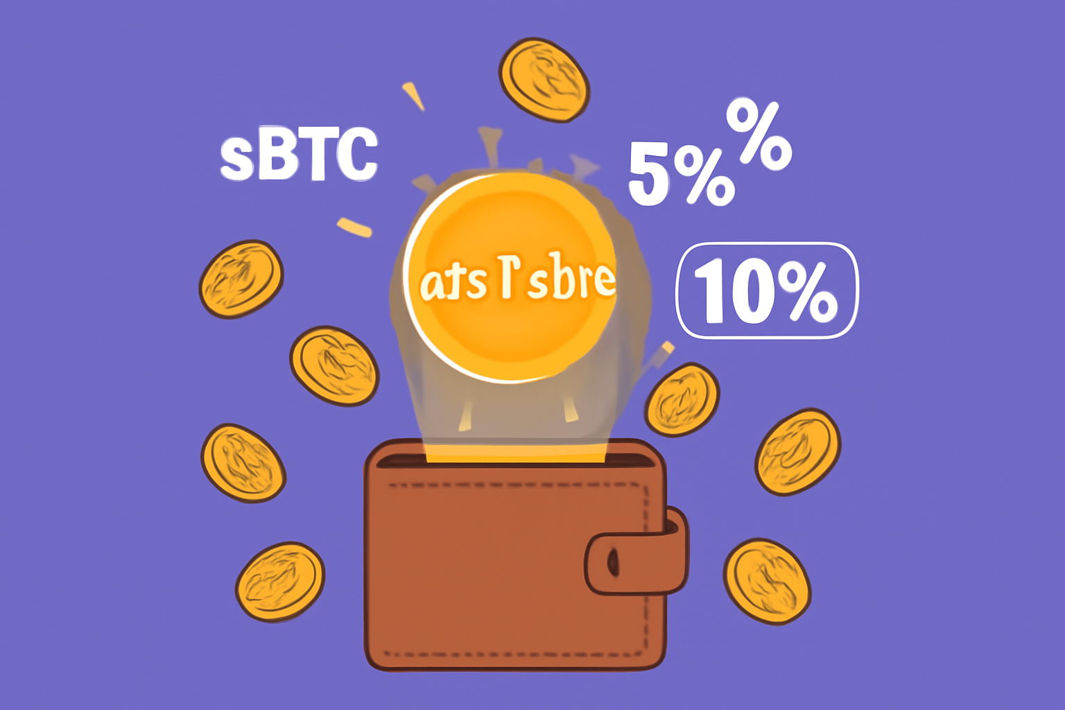 A wallet receiving sBTC rewards, stSTXbtc tokens glowing, yield percentages (up to 10%) highlighted, digital coins raining down