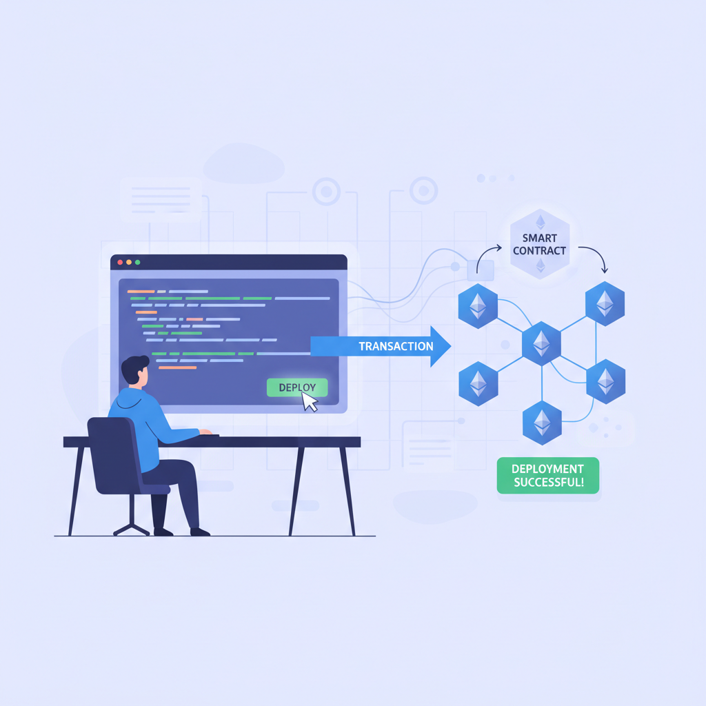 Ethereum developer deploying smart contract code in IDE with blockchain network visualization