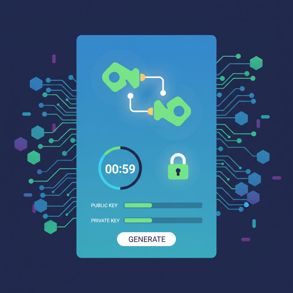 Digital key pair generation with timer clock and lock icon on abstract blockchain background