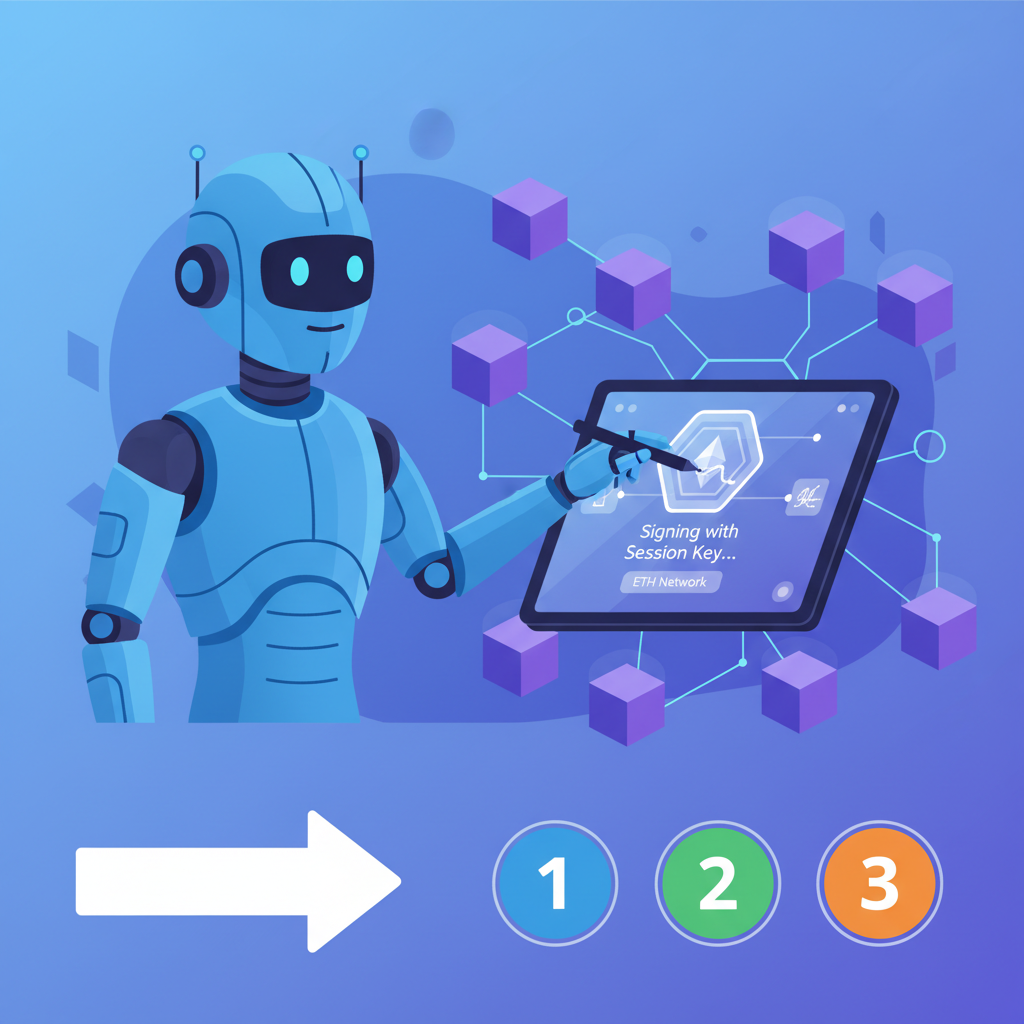 AI robot signing blockchain transactions with session key, Ethereum network nodes in background