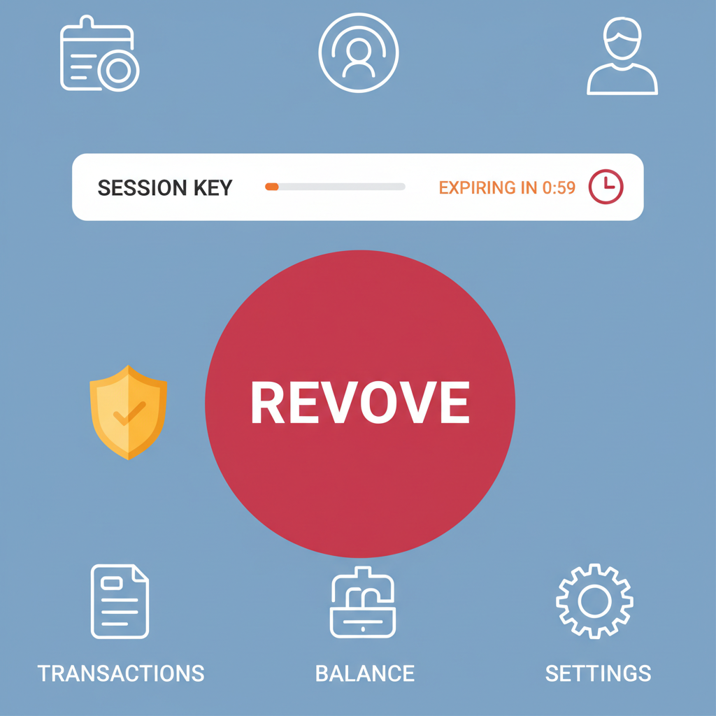 Red revoke button on wallet dashboard with expiring session key and security shield