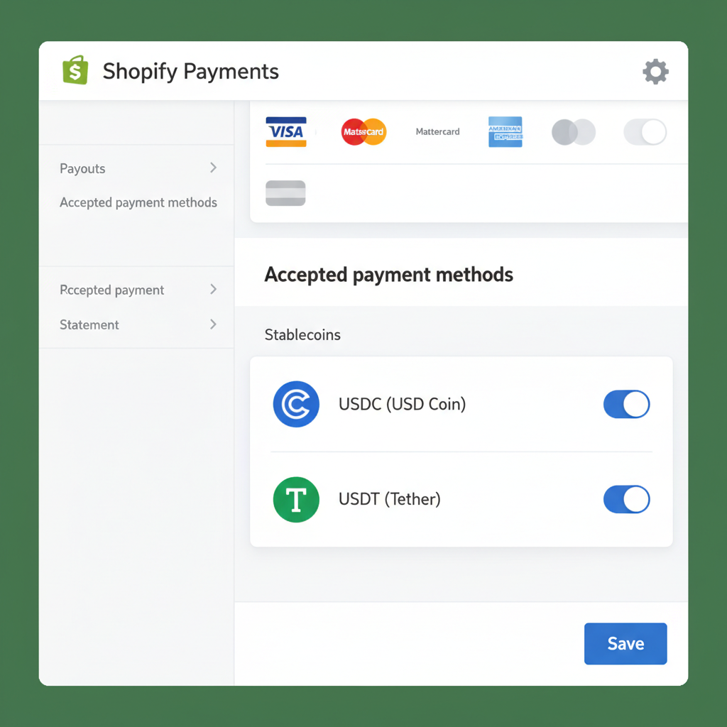 Shopify Payments settings page toggling USDC USDT stablecoin options on
