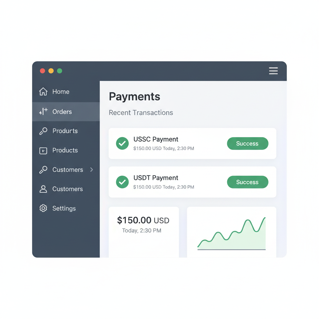Shopify admin dashboard live with active USDC USDT payments indicator, green success status