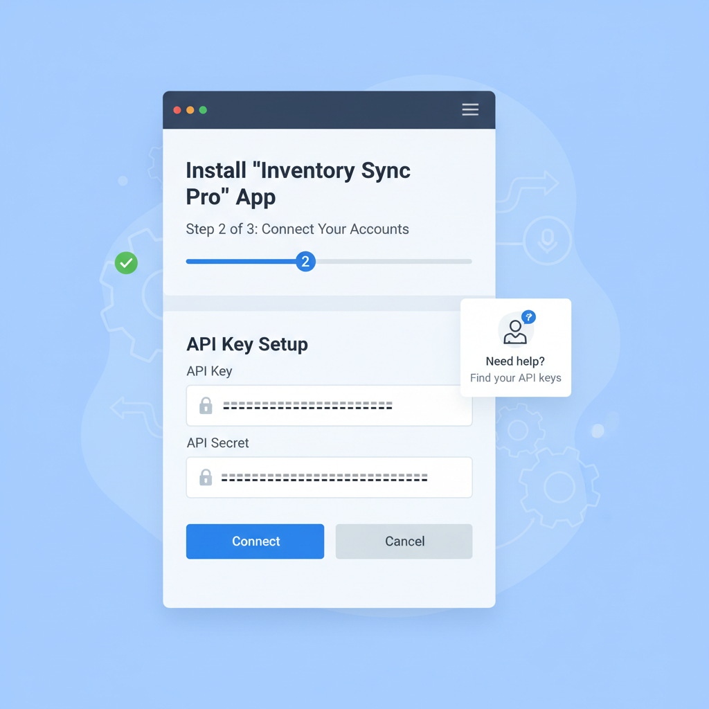 Shopify app installation screen with API key setup form, blurred credentials, professional interface