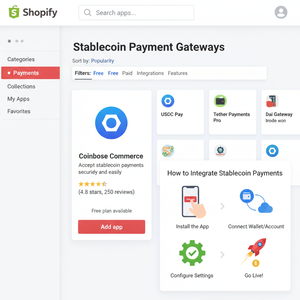 Shopify App Store search for stablecoin plugins, clean dashboard UI with results like Coinbase Commerce