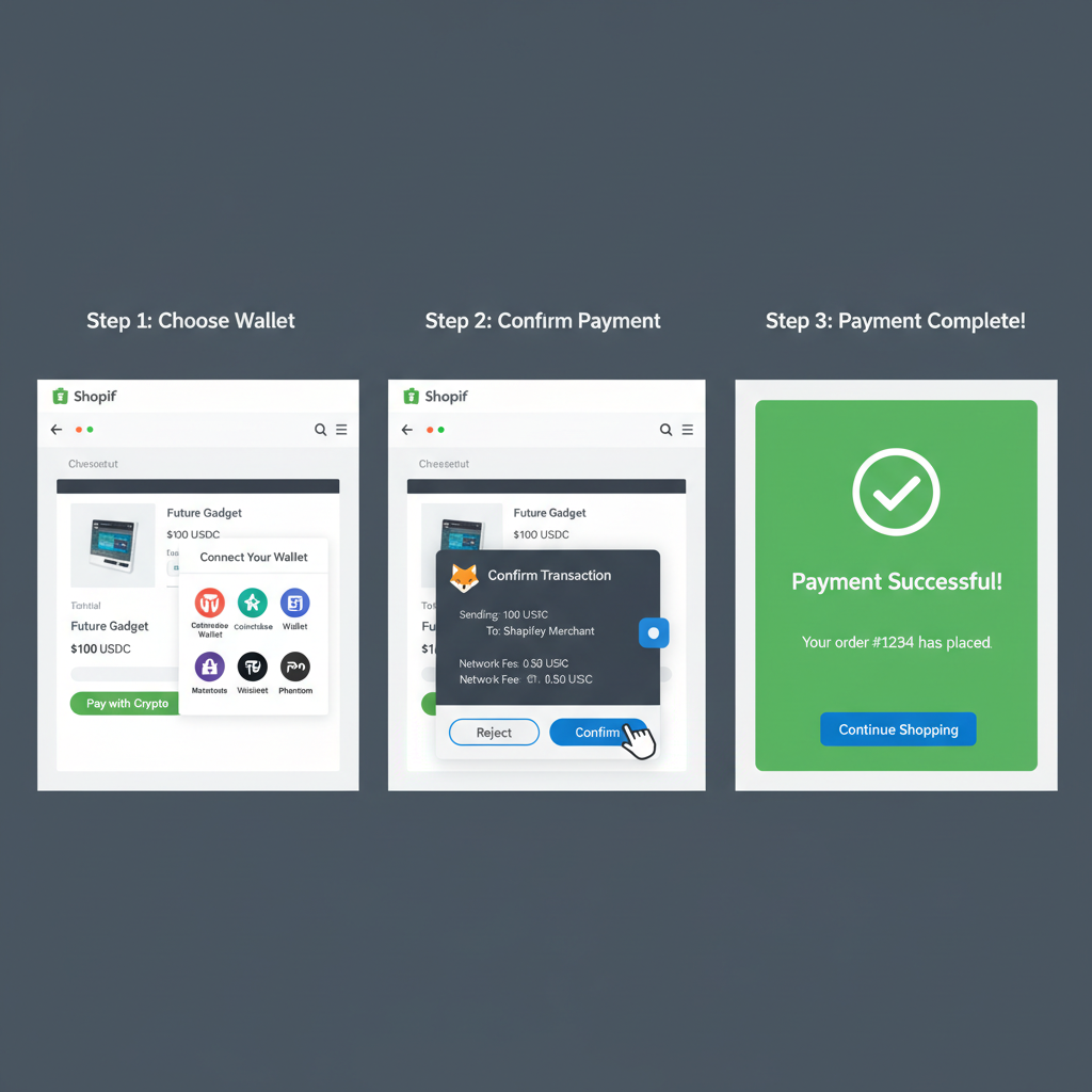 Shopify checkout testing USDC payment with wallet popup, success confirmation