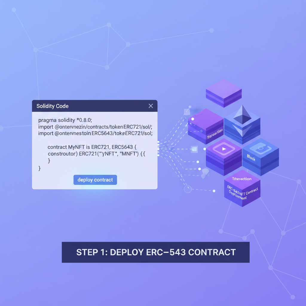 solidity code deploying ERC-5643 NFT contract, ethereum blockchain visualization, code editor glow