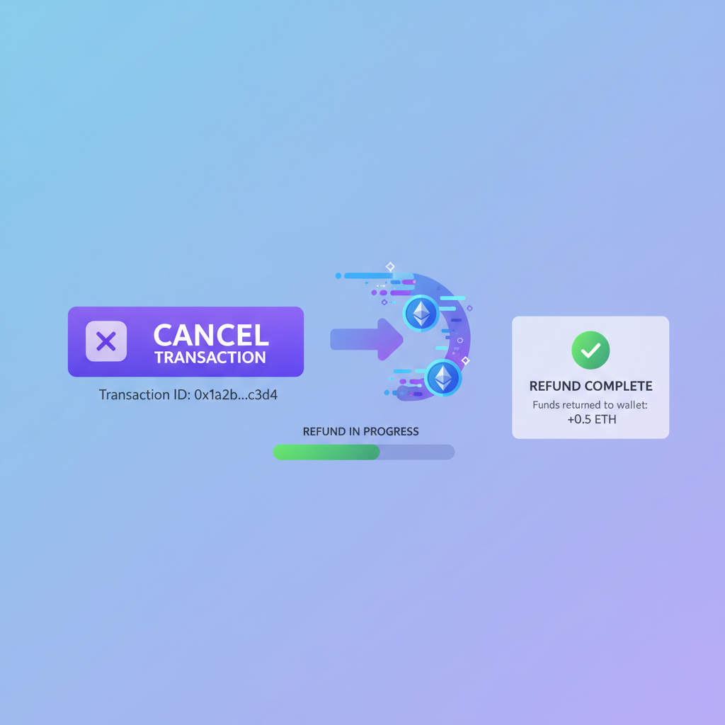 cancellation refund transaction on ethereum, money flowing back, cancel button interface