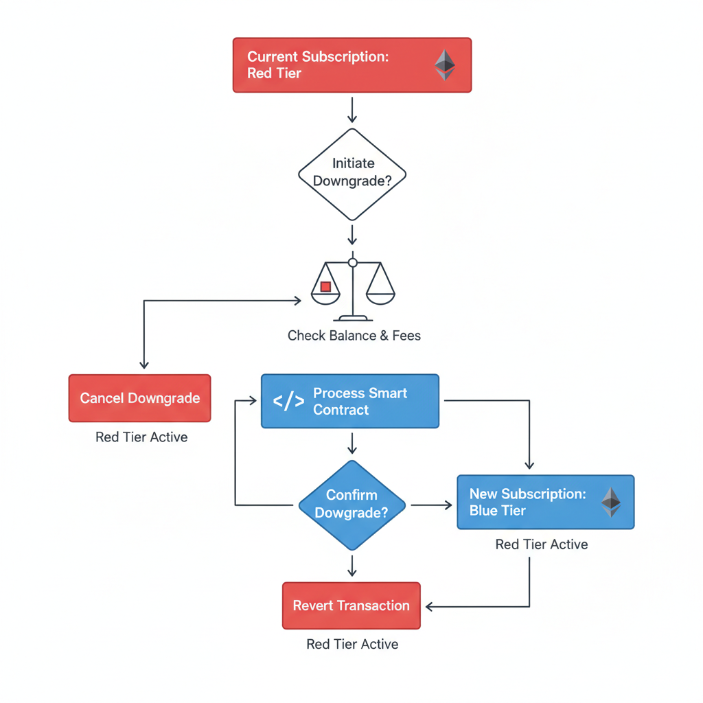 downgrade subscription flow chart ethereum smart contract, red to blue tier shift, balance scale