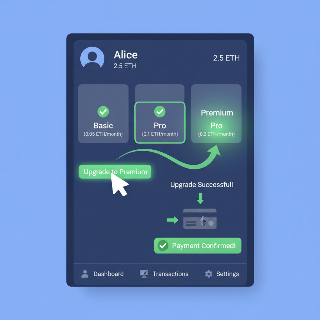 user upgrading subscription tiers on ethereum dashboard, arrows showing credit flow, green success
