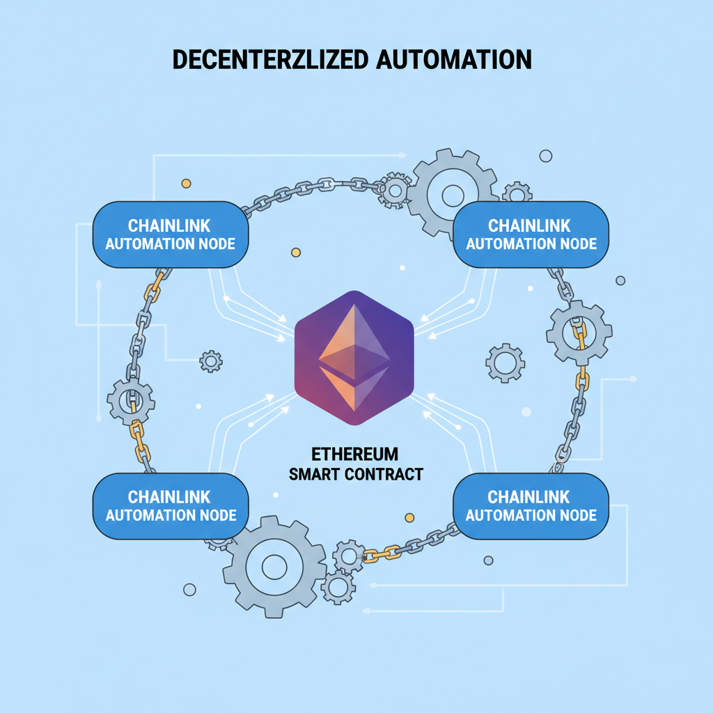chainlink automation nodes connected to ethereum contract, gears and chains, decentralized network