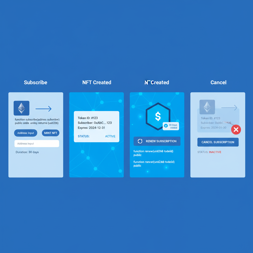 ethereum smart contract code for ERC-5643 subscription NFT, futuristic blockchain interface, blue tones