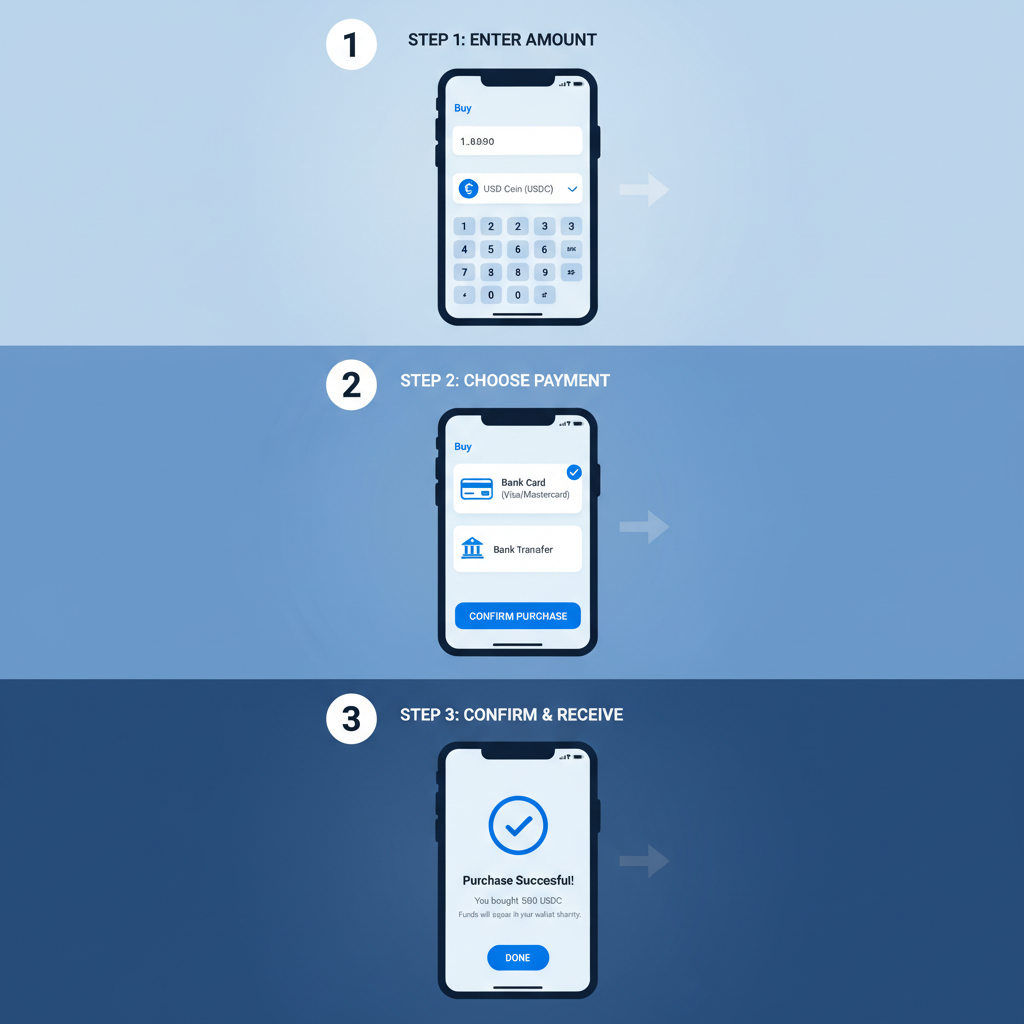 modern crypto wallet interface buying USDC with bank card, clean UI, blue tones, step-by-step graphic