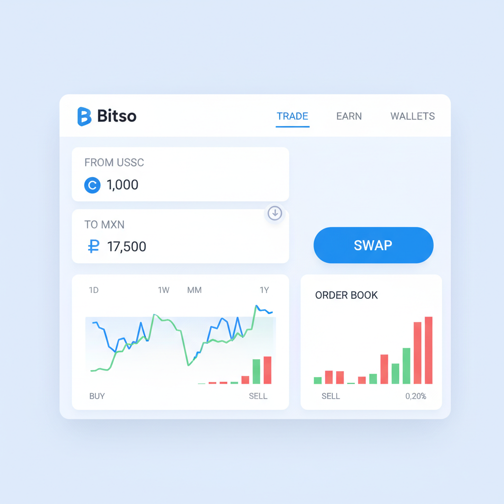 Bitso exchange interface converting USDC to MXN, charts and swap button, professional dashboard
