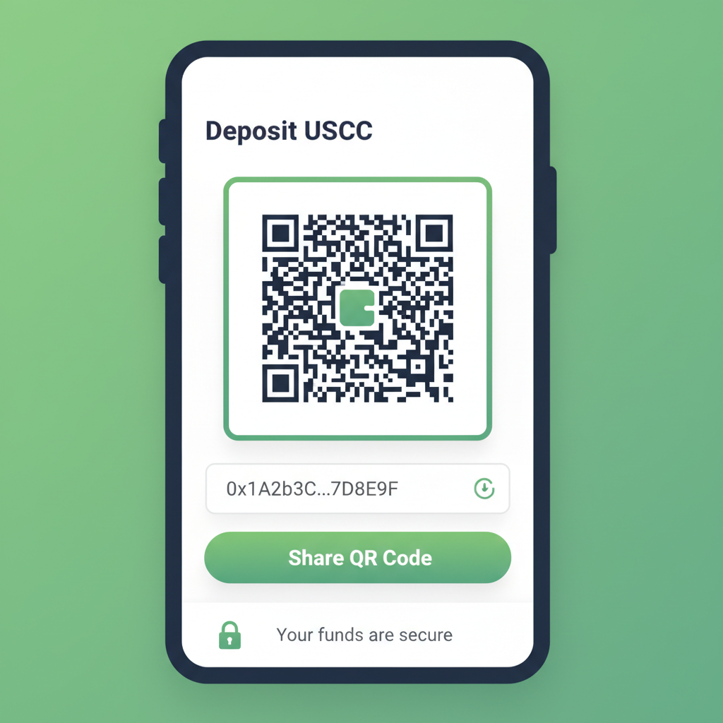 Bitso app screen showing USDC deposit address QR code, mobile interface, green accents, secure lock icon