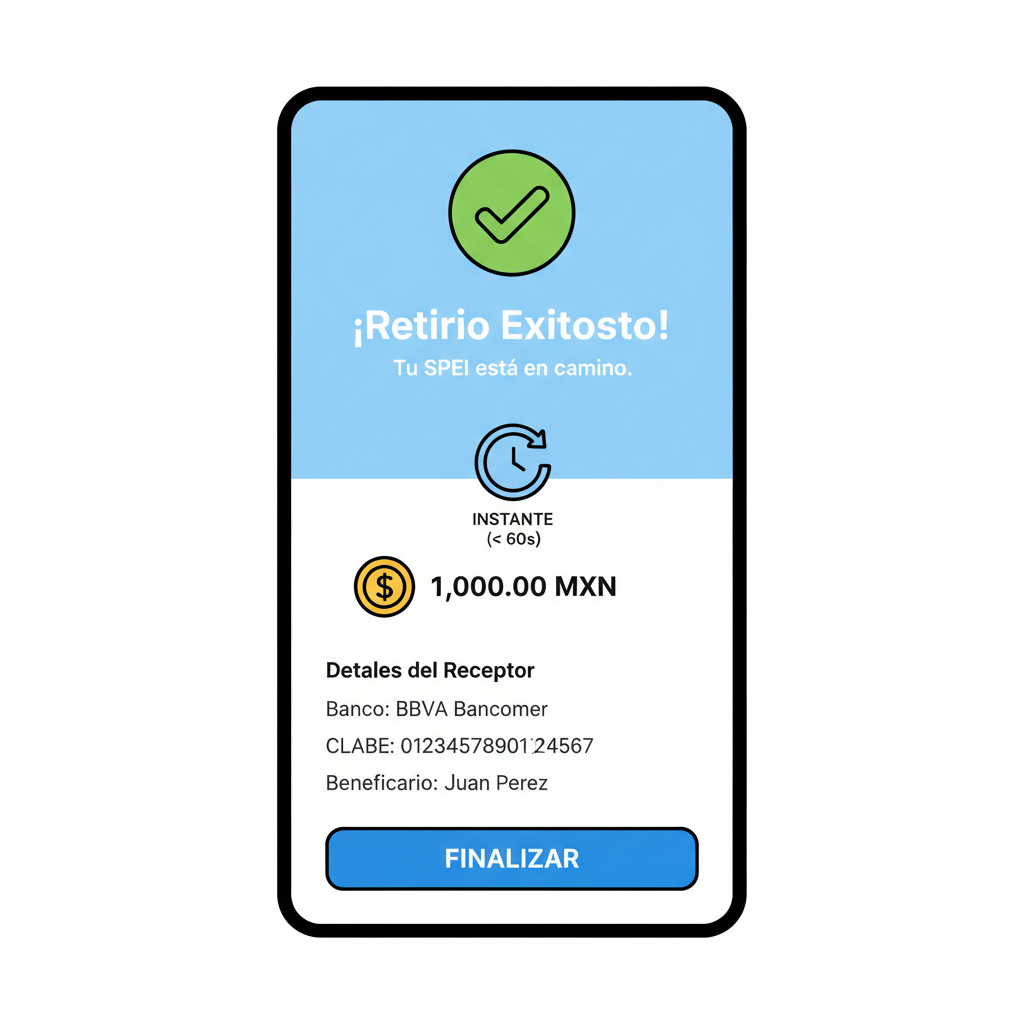 Bitso withdrawal screen SPEI to bank, Mexican peso icon, instant clock under 60s, success checkmark