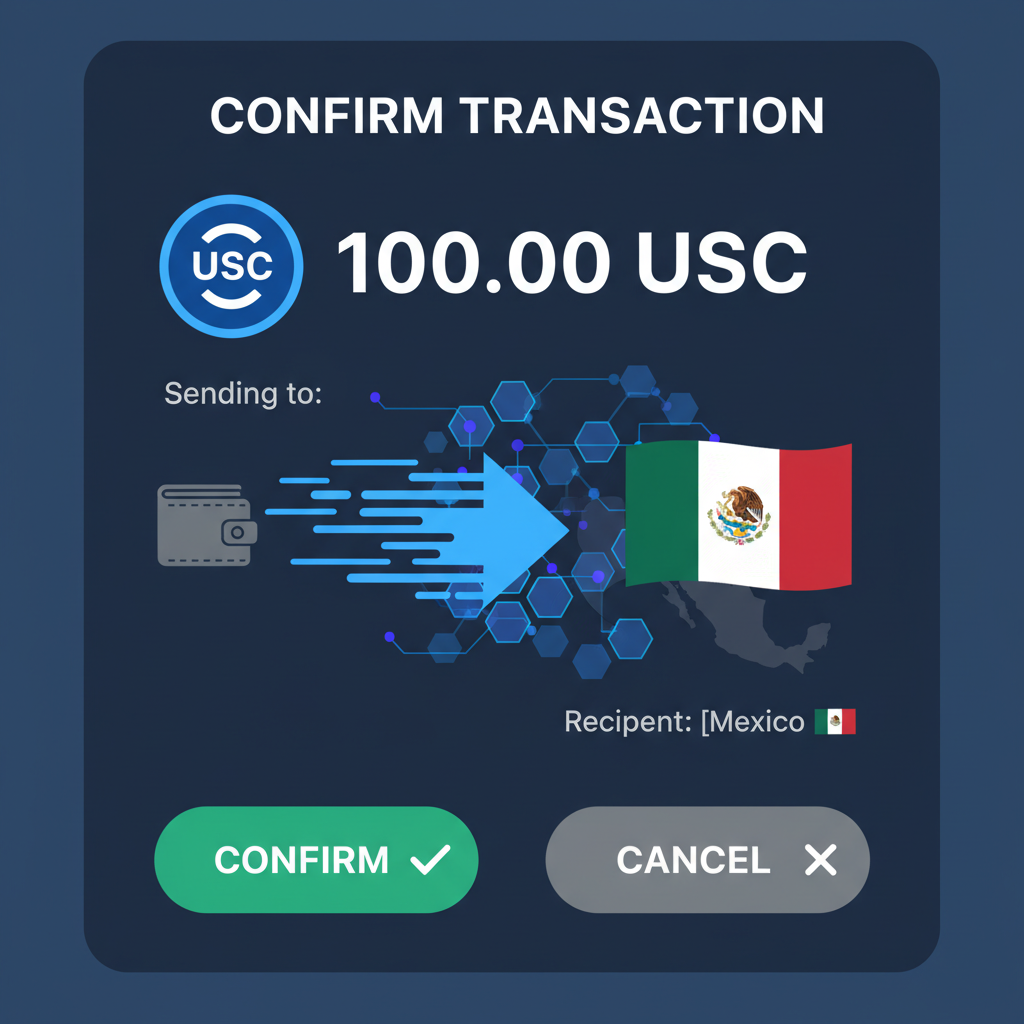 wallet sending USDC transaction confirmation screen, blockchain animation, fast arrow to Mexico flag
