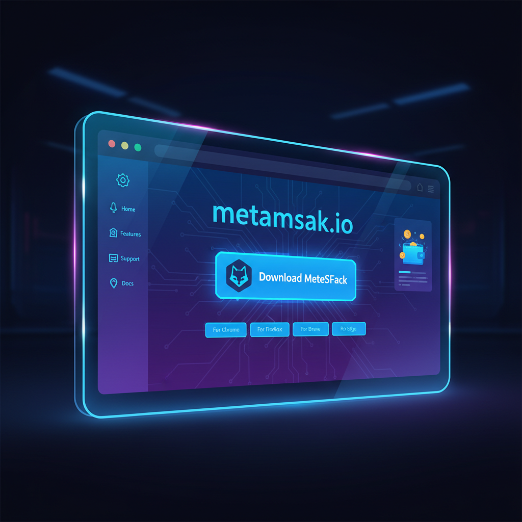 Futuristic browser screen showing MetaMask download button on metamask.io homepage, neon blue and purple crypto vibes, bold high-tech interface, cinematic lighting