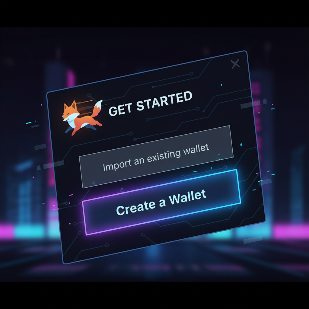 MetaMask popup window with 'Create a Wallet' button highlighted, sleek dark mode UI, glowing Ethereum fox mascot, dynamic action shot, cyberpunk aesthetic