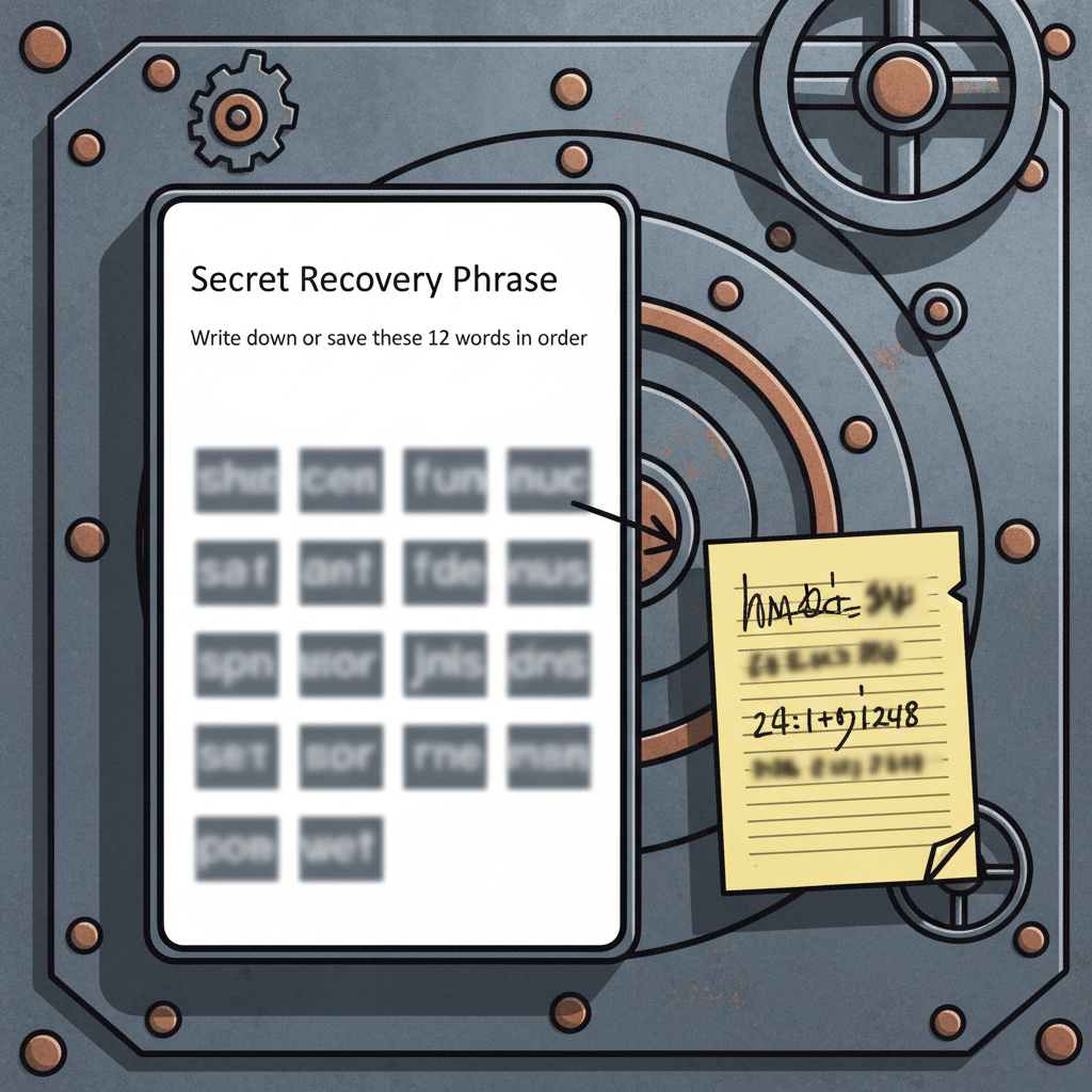 Close-up of MetaMask recovery phrase screen with 12 words blurred for security, handwritten note nearby, dramatic shadows, vault-like metallic background, intense focus