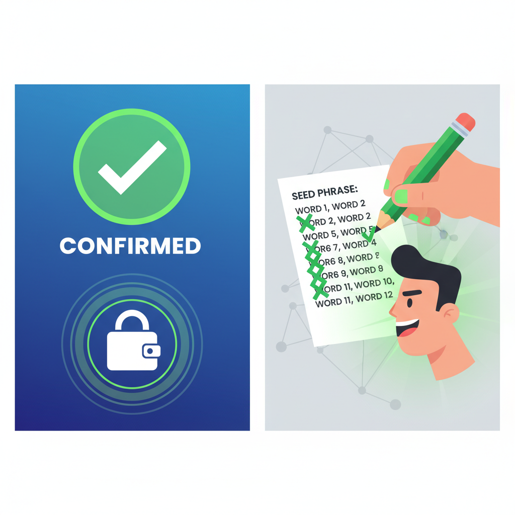 MetaMask confirmation screen with checkmark, user ticking off words on paper, triumphant green glow, futuristic lock icon sealing wallet, bold victory composition
