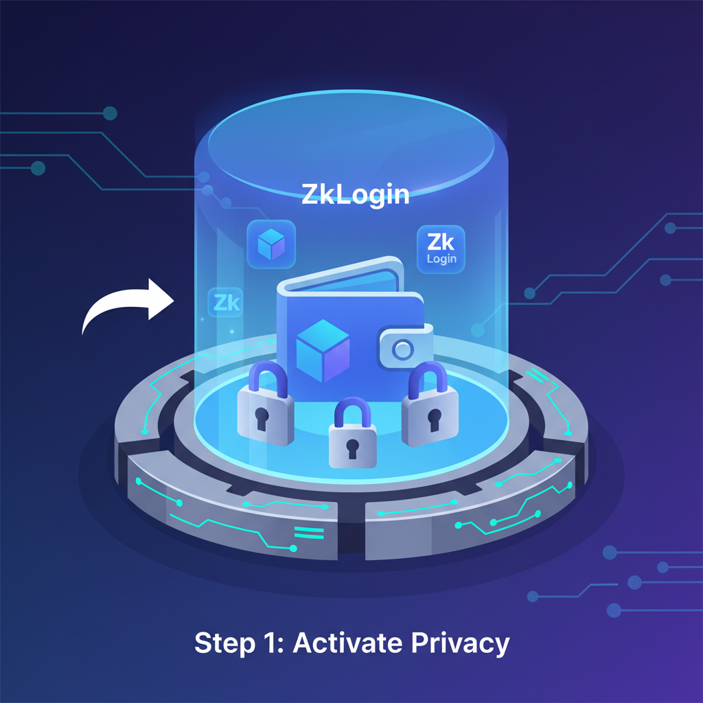 Privacy shield activating around blockchain wallet with zkLogin icons and locked padlocks, futuristic vault style