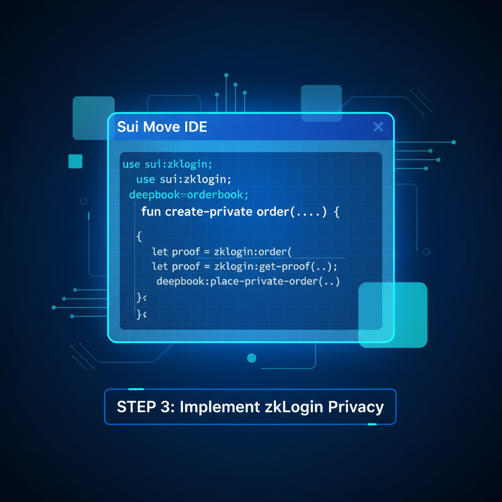 Sui Move code editor with zkLogin privacy code and DeepBook SDK imports, glowing blue holographic interface