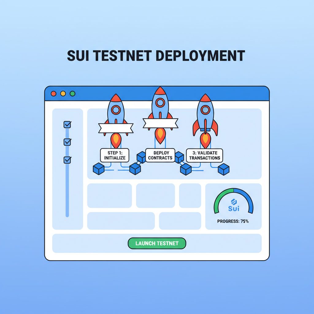 Sui testnet deployment dashboard, rockets blasting off blockchain