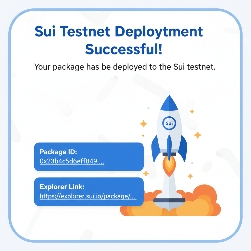 Sui testnet deployment success notification with package ID and explorer link, explosive rocket launch graphic