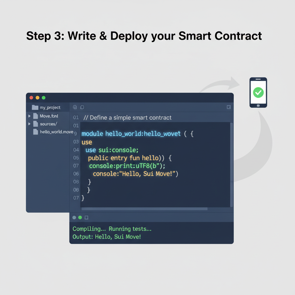 Sui Move code editor with Hello World smart contract, glowing syntax highlights