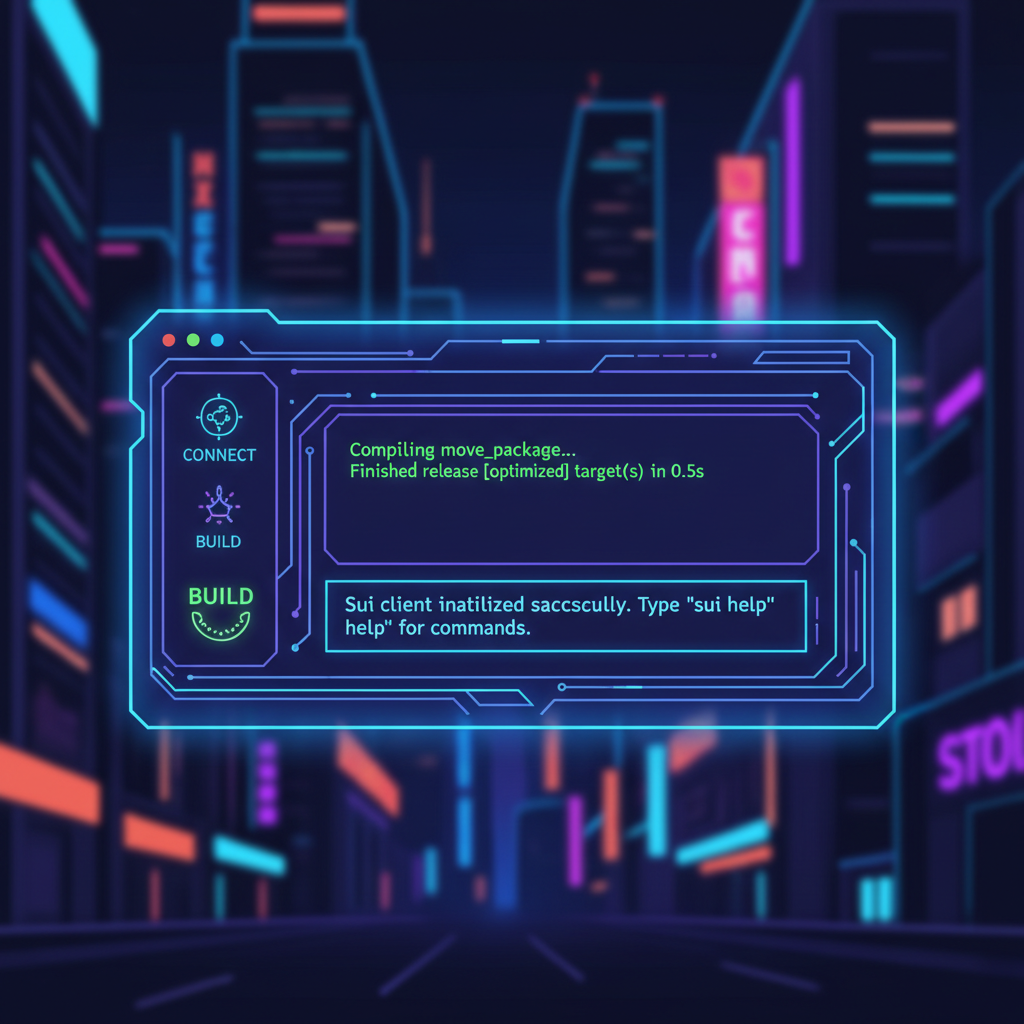 Sui CLI terminal setup screen with Move code compiling successfully, neon cyberpunk aesthetic, high-tech dashboard