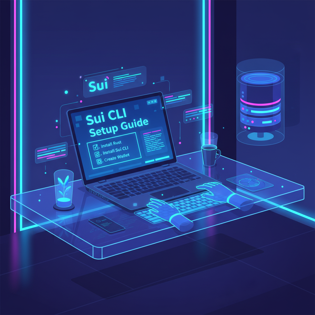 Sui CLI terminal setup on futuristic laptop, neon glow, developer workspace