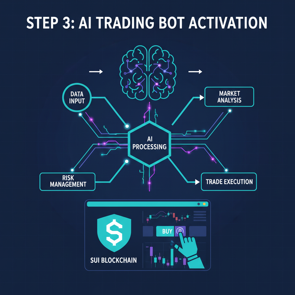 AI neural network powering trading bot on Sui blockchain, electric synapses firing