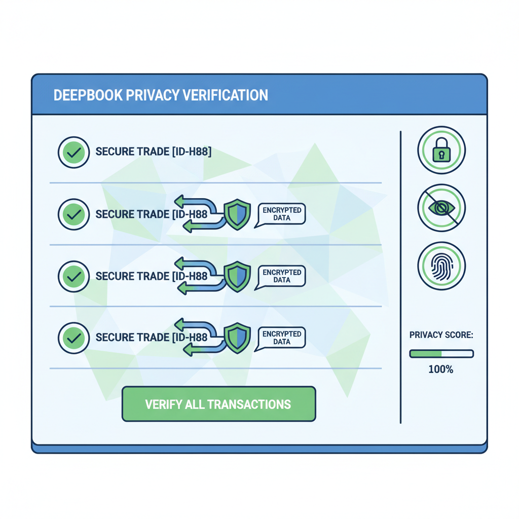 Privacy verification dashboard showing secure trades on DeepBook, green checkmarks and shielded data flows