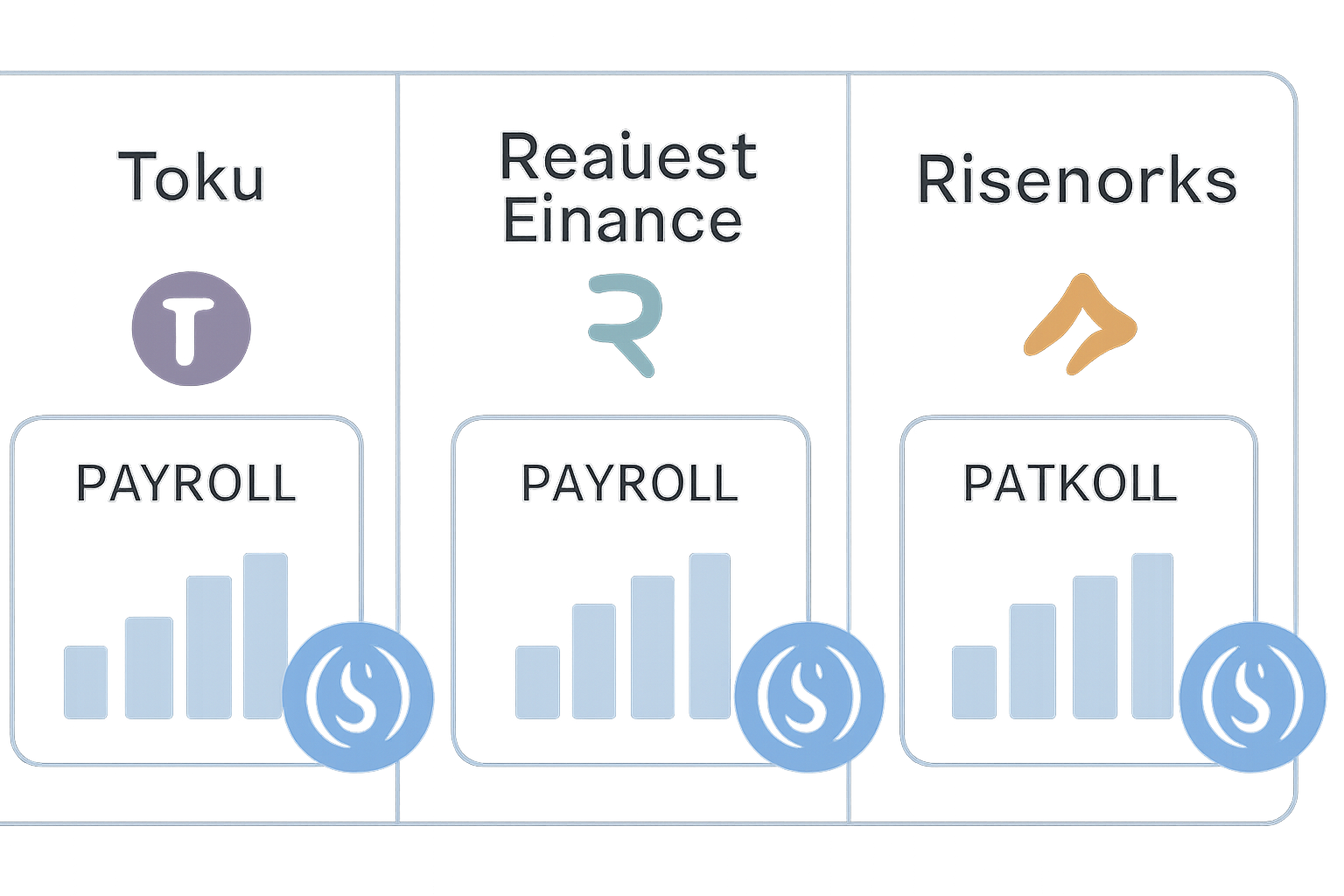 A dashboard showing payroll software options (Toku, Request Finance, Riseworks) with USDC icons and check marks.