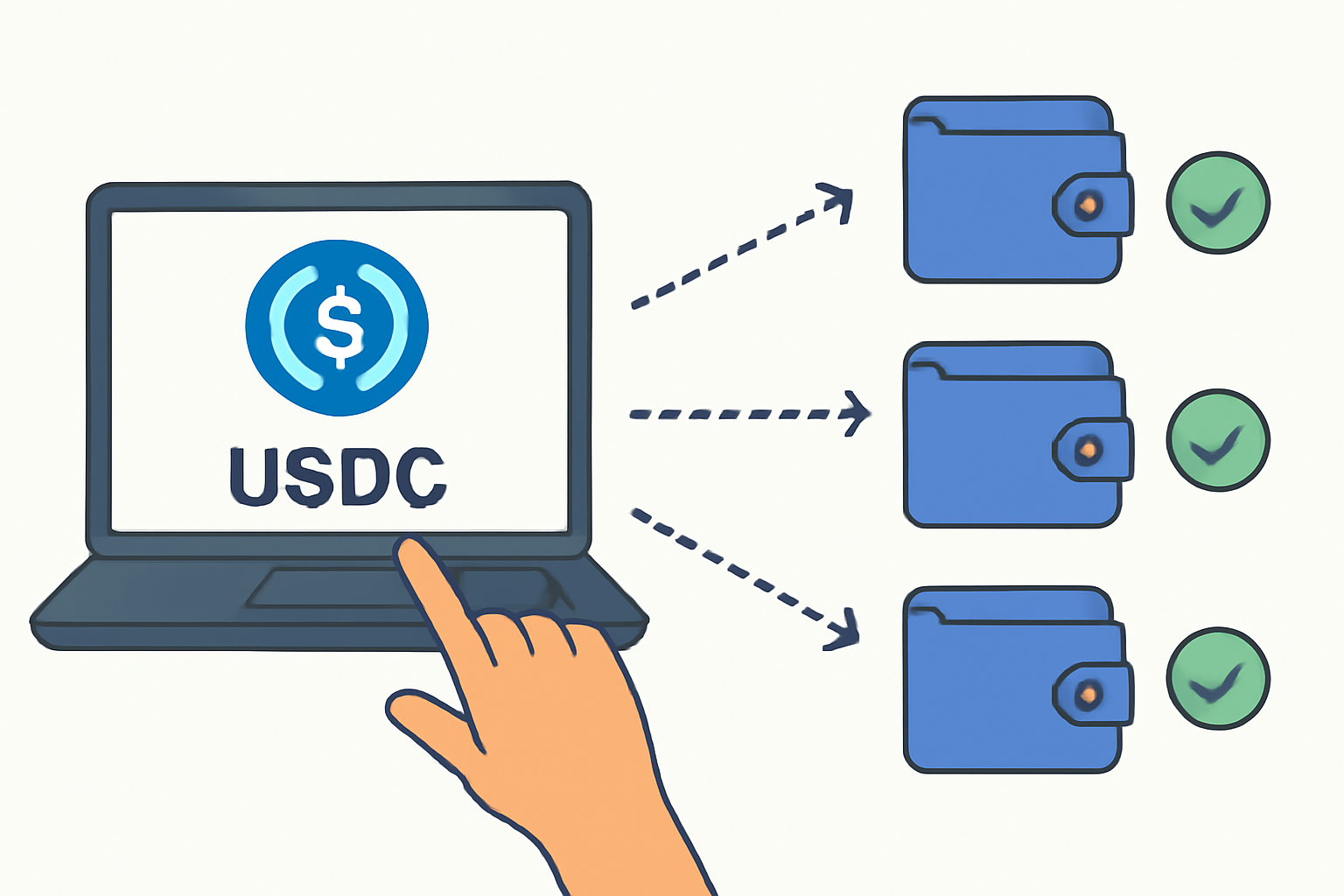 A hand sending USDC from a laptop to multiple digital wallets, with blockchain transaction confirmations.