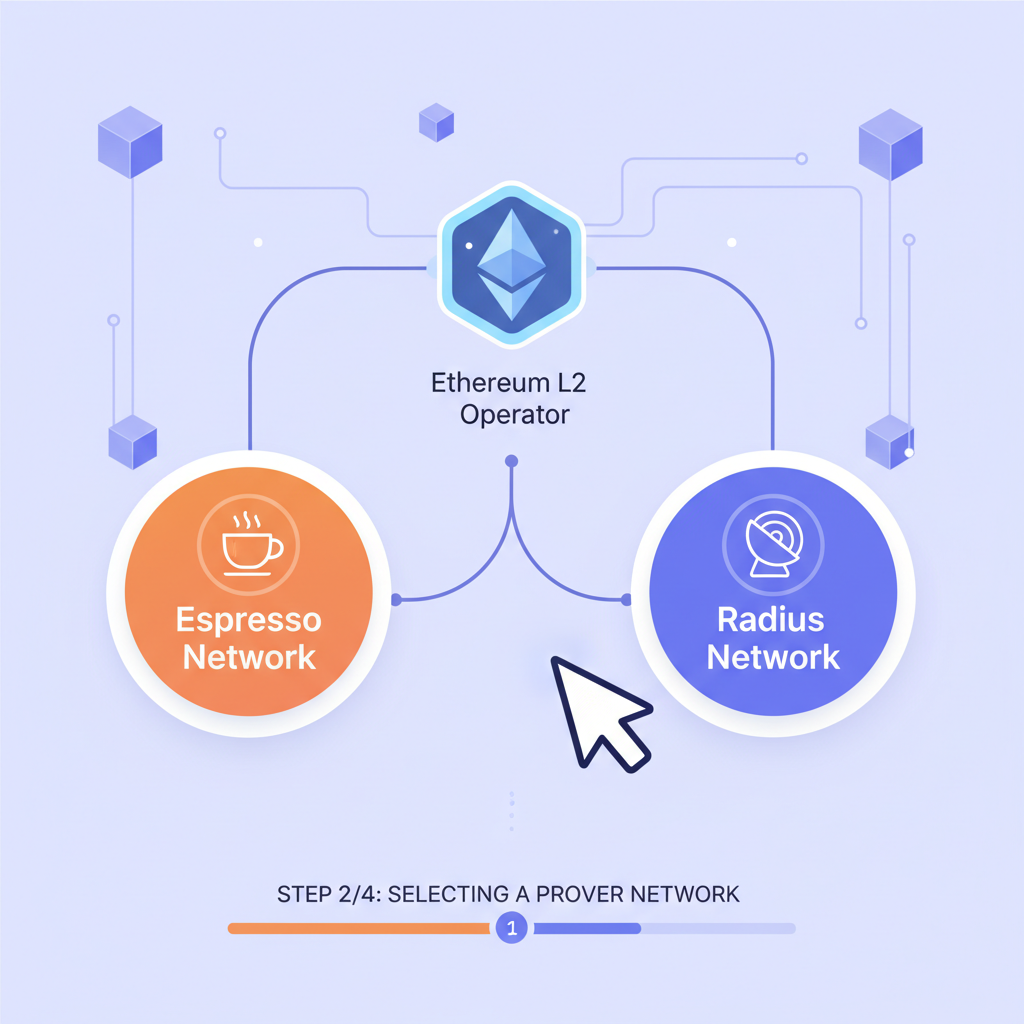 Ethereum L2 rollup operator choosing between Espresso and Radius networks on a digital dashboard, futuristic blockchain UI