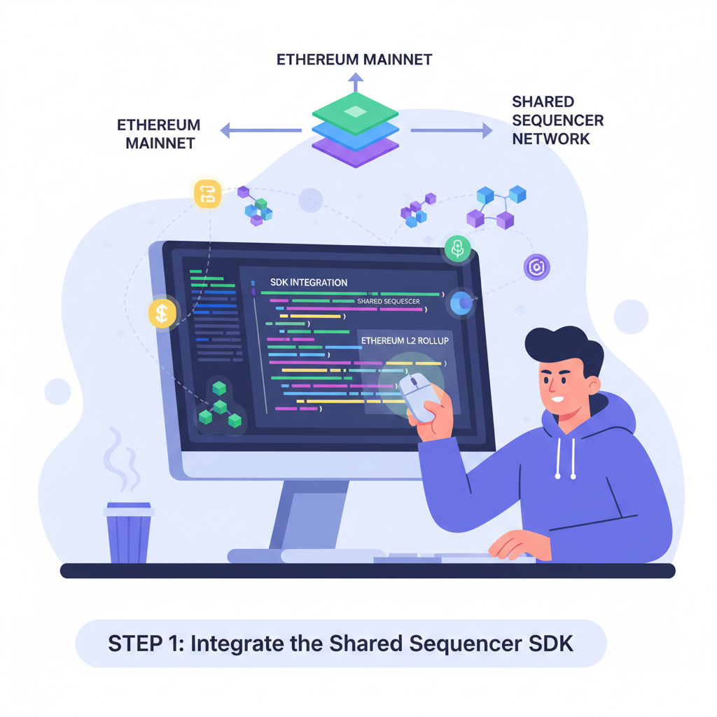 Developer integrating SDK code for shared sequencer into Ethereum L2 rollup, code editor with blockchain icons glowing