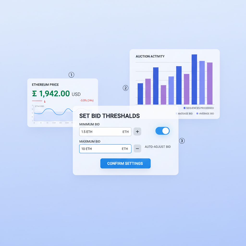 Setting bid thresholds on sequencing auction dashboard, Ethereum charts with ETH price $1942, dynamic graphs