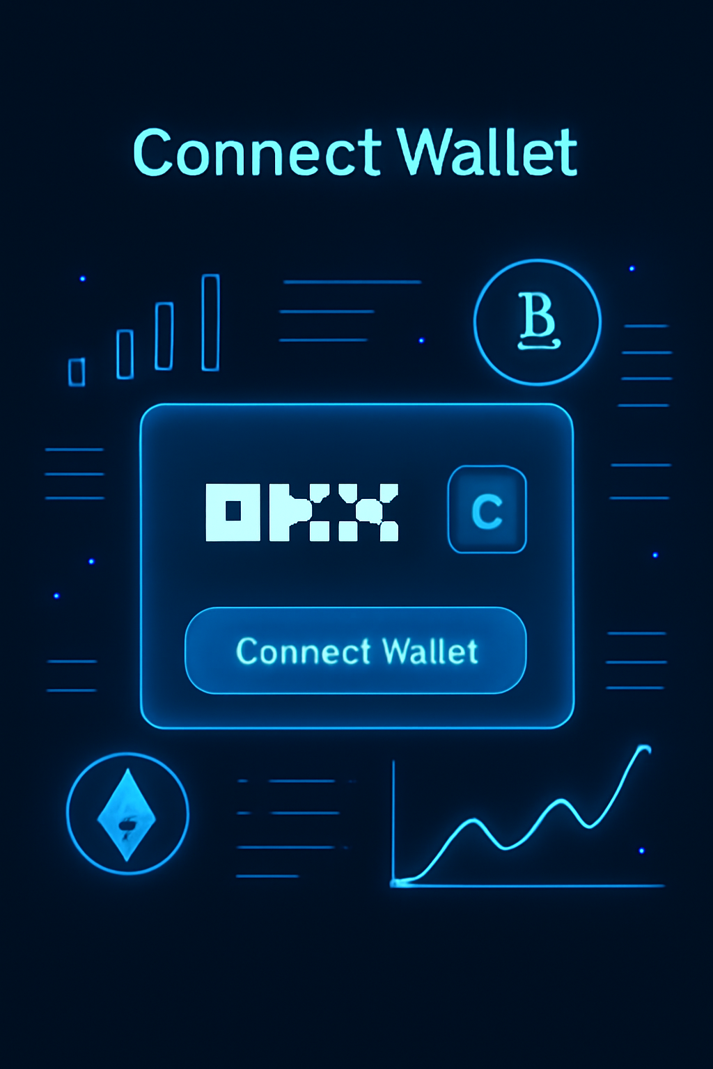 OKX wallet connection interface, glowing blue crypto dashboard, futuristic UI