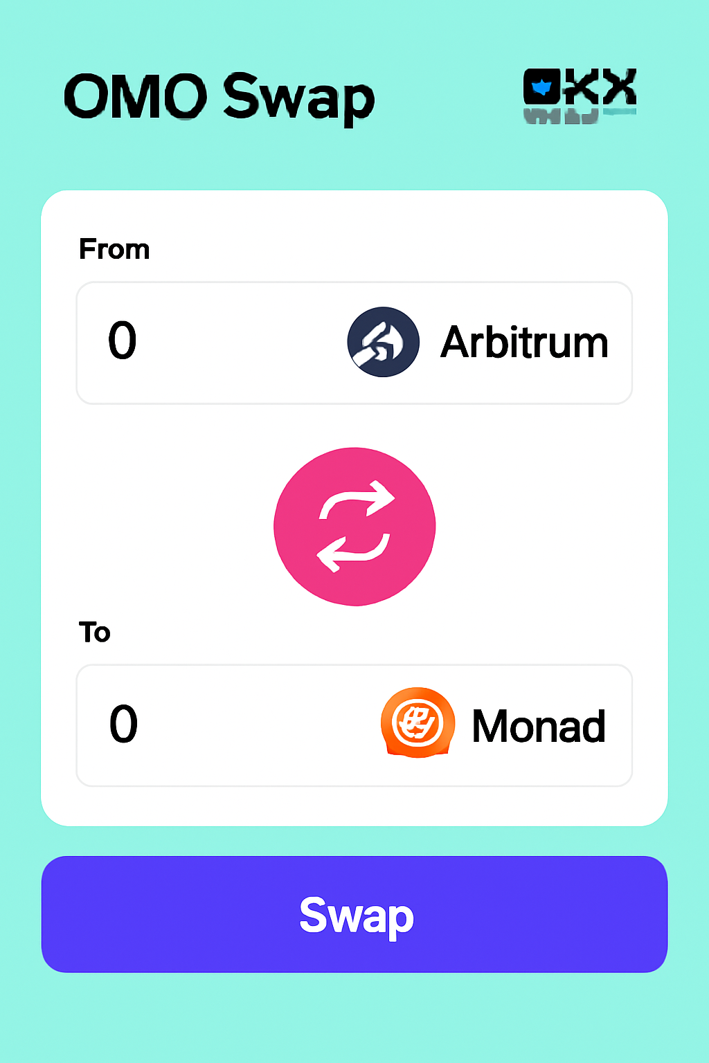 OMO Swap screen on OKX Wallet, vibrant swap interface with Arbitrum and Monad icons