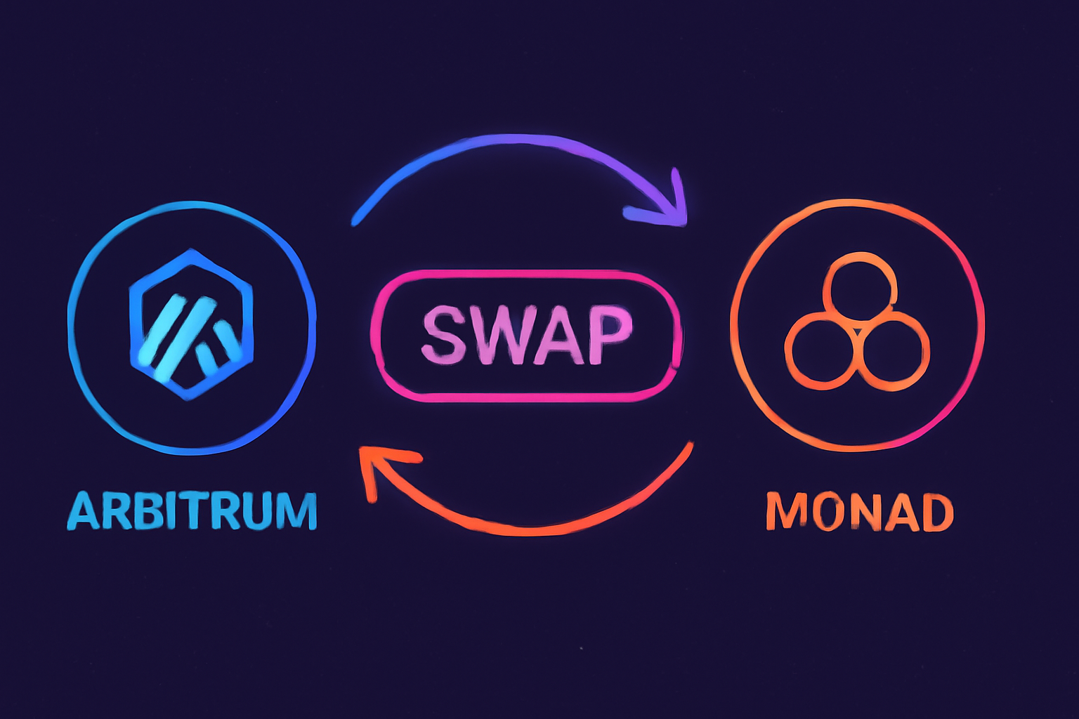 Cross-chain swap from Arbitrum to Monad, dynamic asset flow arrows, neon crypto visuals