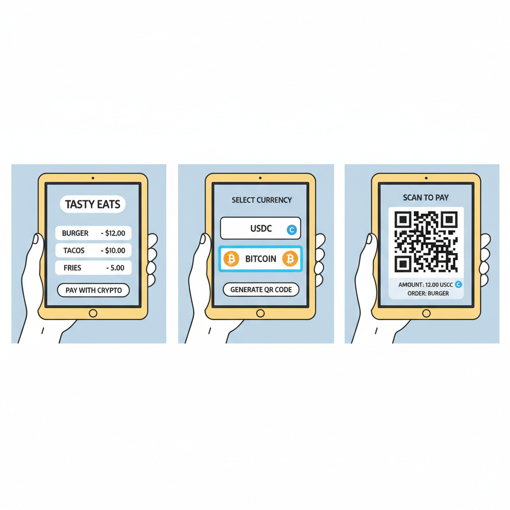 food cart menu on tablet linking to USDC QR code generator, digital interface with prices and QR previews