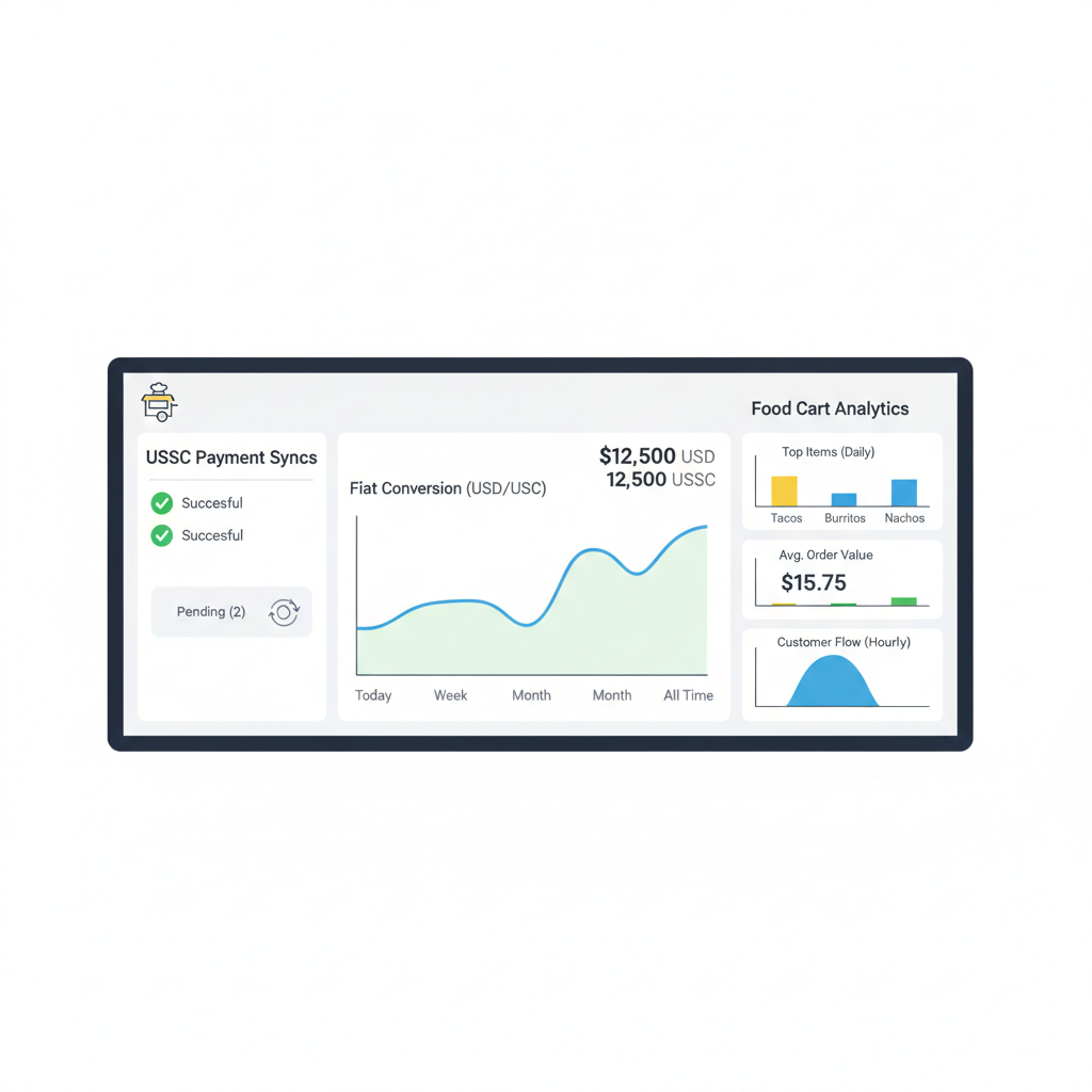 dashboard screen showing USDC payment syncs, fiat conversion graphs, analytics for food cart POS