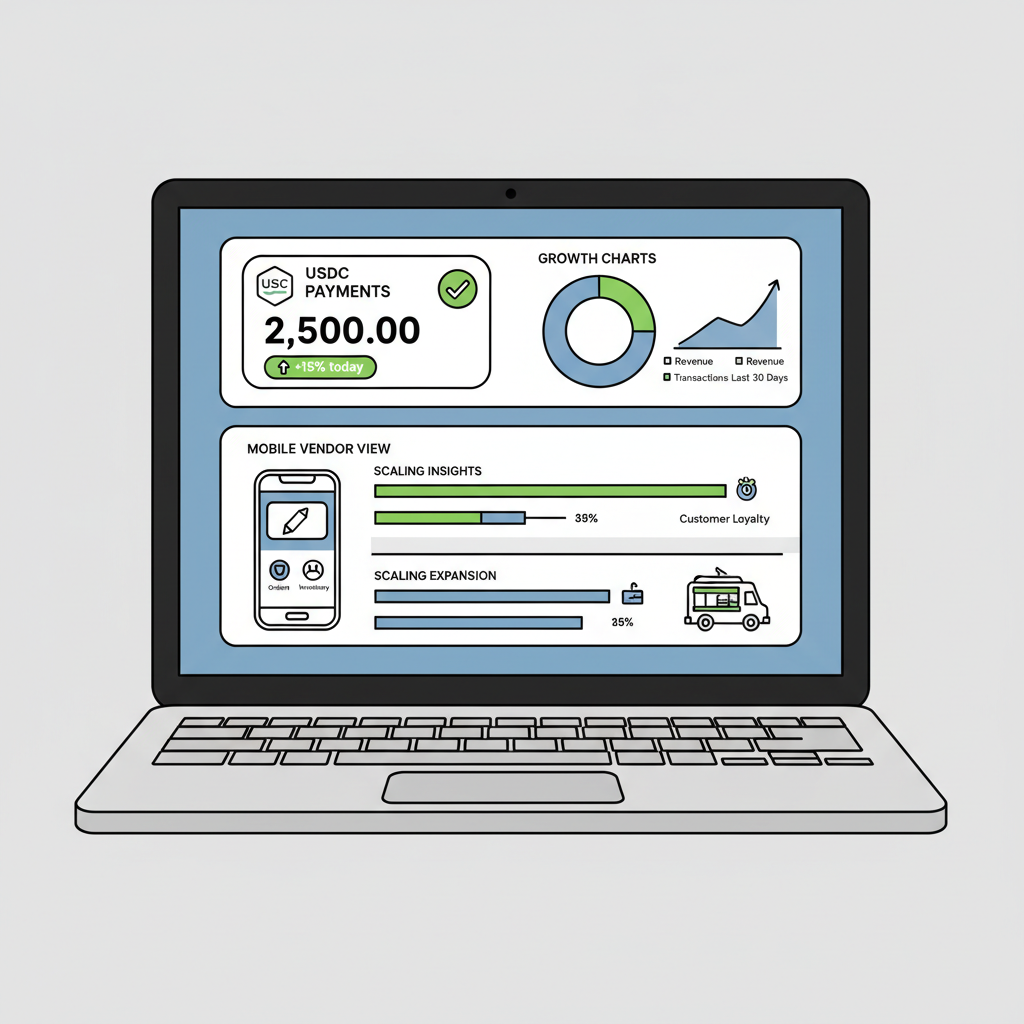 analytics dashboard on laptop for food truck USDC payments, growth charts, scaling insights, mobile vendor view