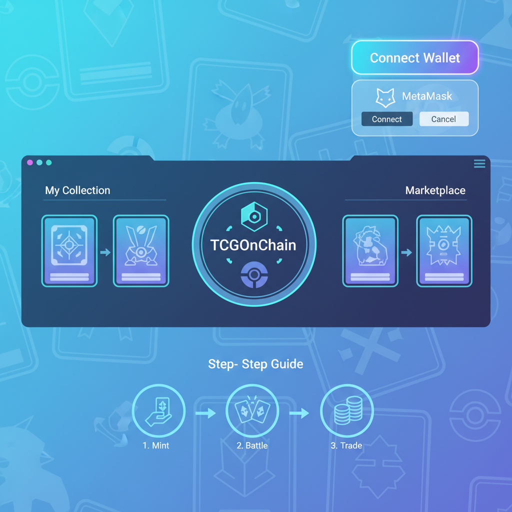 futuristic TCGOnChain website dashboard with glowing wallet connect button, MetaMask popup, Pokémon card motifs in background